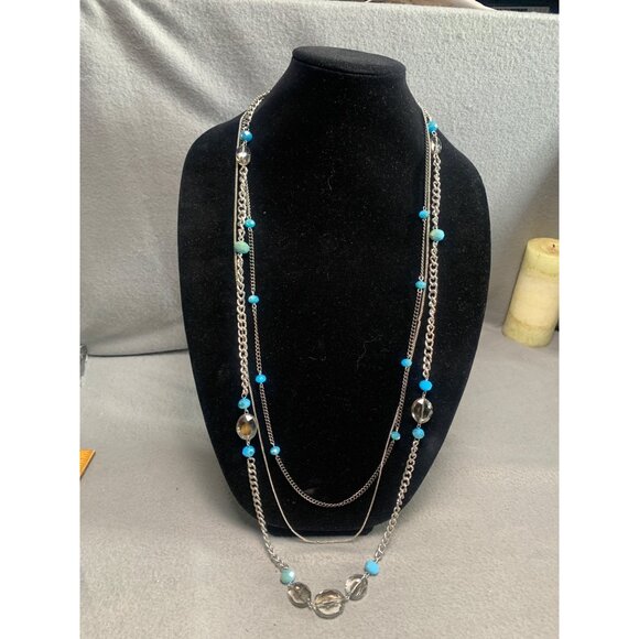 Layered Silver Tone Chain Necklace with Blue & Clear Beads Jewelry 42” - Picture 1 of 7